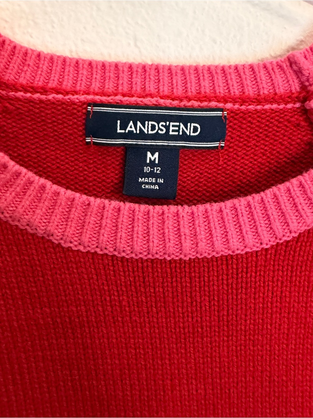 Lands' End Red Knit Tunic Sweater/ Dress, Pink Trim & Snowman Fair Isle M 10/12 - Picture 2 of 8